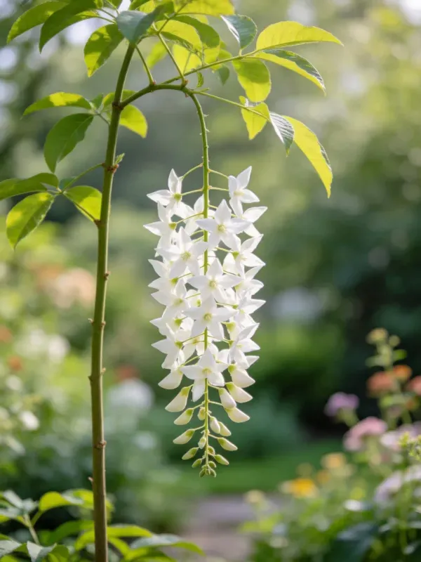 金链花垂挂白色星形花朵,花瓣洁白,茎秆纤细,周围有绿色叶片环绕。