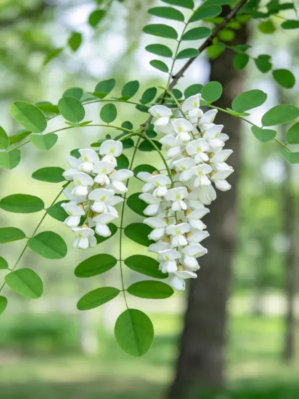 刺槐花为白色,成串挂在枝条上,叶子呈椭圆形且颜色鲜亮。