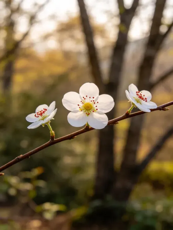 梅花绽放于枝头的特写画面