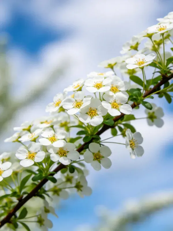 绣线菊花朵密集开放,白色花瓣环绕黄色花蕊,生长在深褐色枝条上。