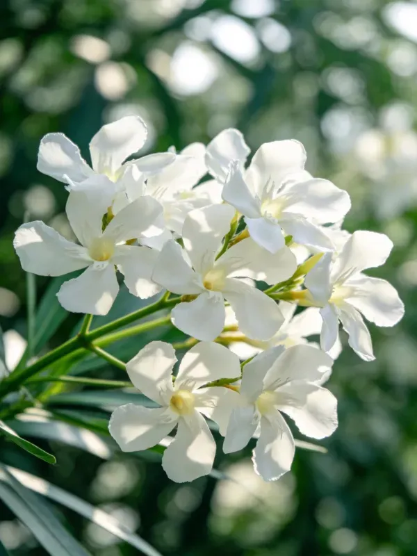 夹竹桃花的洁白花瓣带有轻微蜡质光泽，花瓣边缘卷曲，花蕊呈淡黄色。