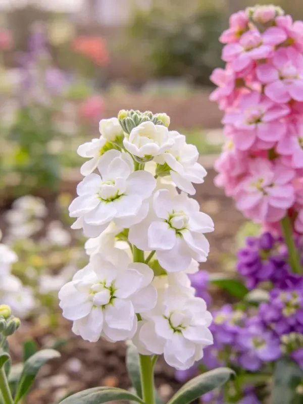 岩白菜白色花朵成簇绽放，花瓣边缘微微卷曲，中心处有绿色花蕊，生长在花园环境中。