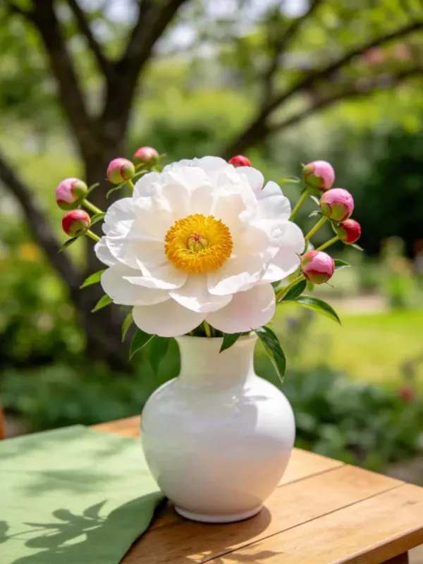 一束盛开的牡丹花置于白色陶瓷花瓶中,洁白花瓣与黄色花蕊清晰可见。