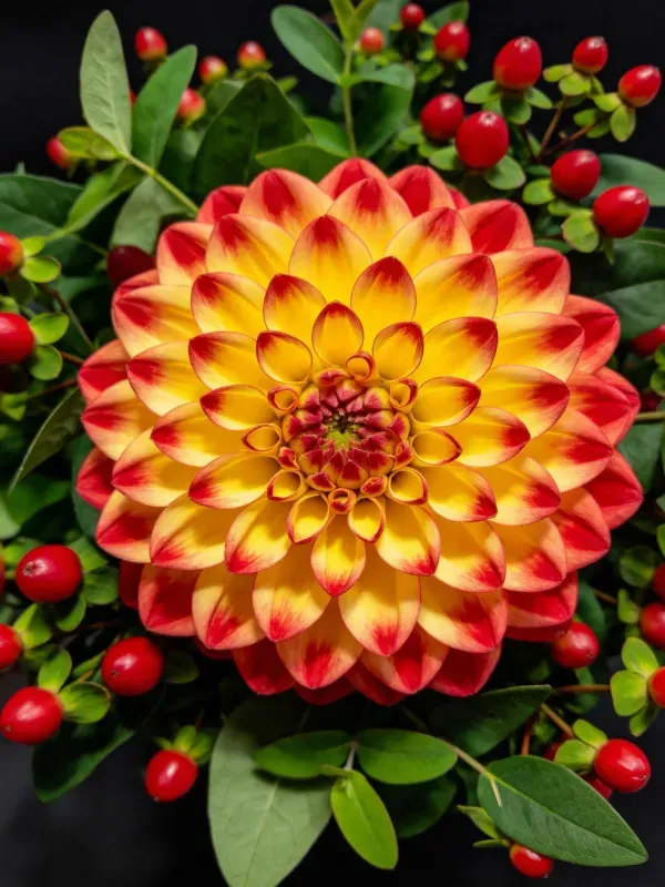 一朵色彩渐变的大丽花,花瓣中心为黄色边缘为红色,周围环绕着红色浆果。