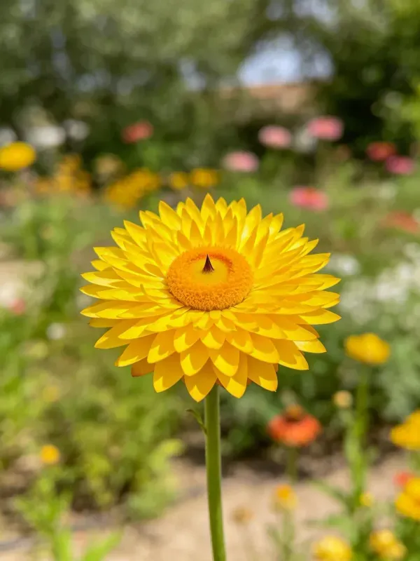 花园中明亮的黄色麦秆菊特写