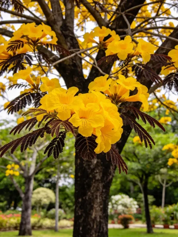 黄花风铃木盛开于园林场景中