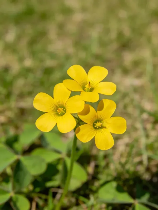 三朵黄花酢浆草绽放，花瓣饱满，花蕊清晰，绿叶衬托环境。