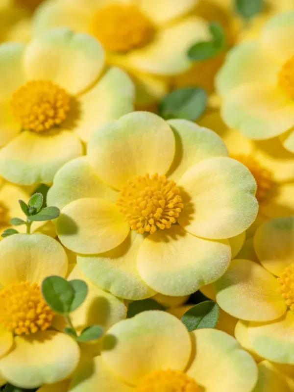 青黄糖艺花特写呈现其浅黄绿色花瓣与明亮黄色花蕊，花瓣表面有手工制作的细腻质感。