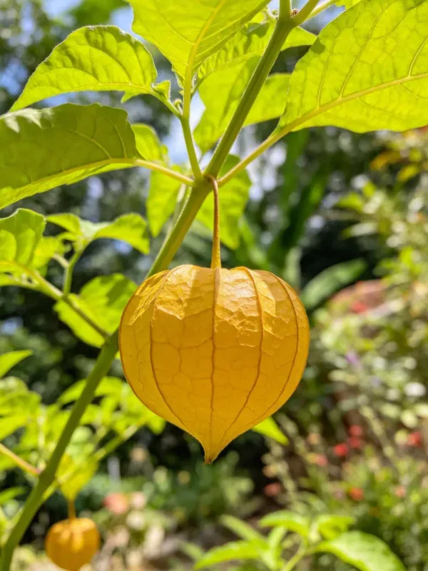 挂金灯的黄色灯笼状果皮，表面有着清晰的纹理结构，悬挂在绿色枝茎上。
