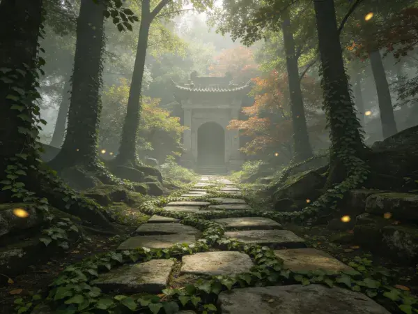 雾中石径通向的古建门廊场景