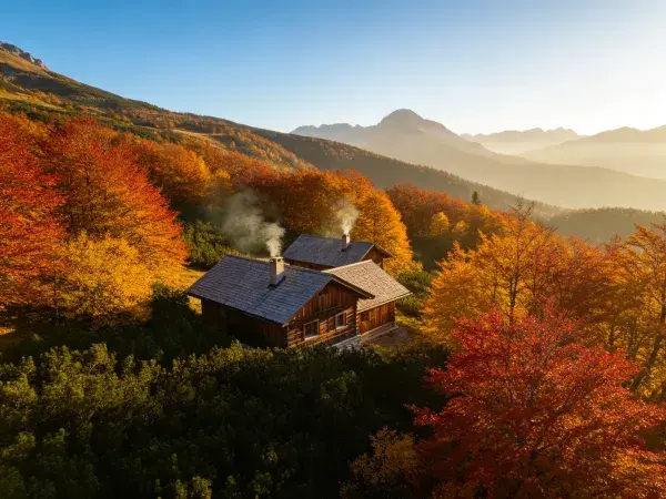 秋季山林间的木质乡村小屋