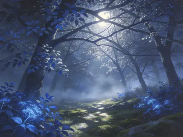 神秘月光下的幽静森林场景