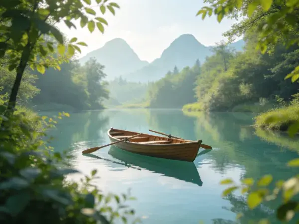 小木船静静漂浮于湖面