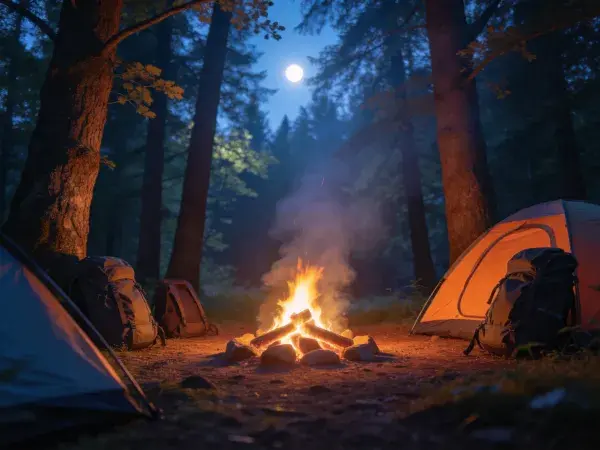 夜晚森林中的篝火露营场景