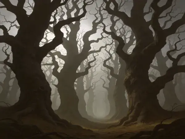 阴暗神秘的古橡树林景