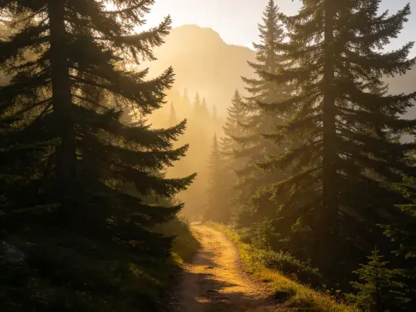 阳光照射下的松树林山间小径场景