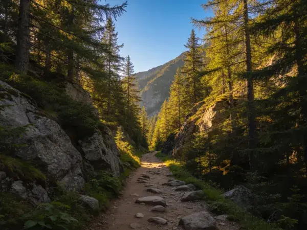 阳光洒落的山地森林步道