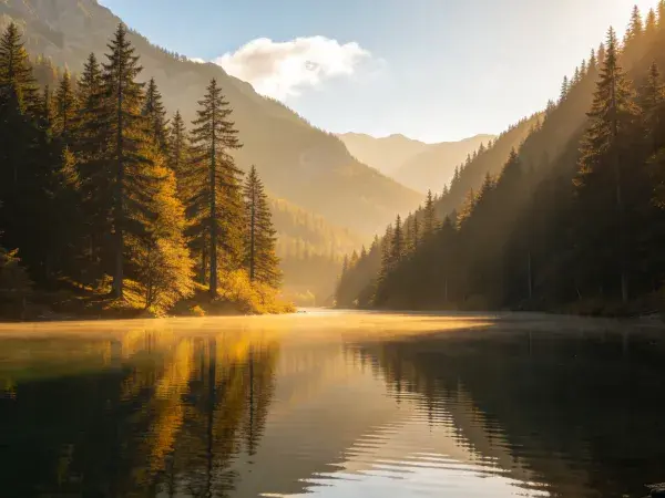 阳光洒落山地森林水域风光