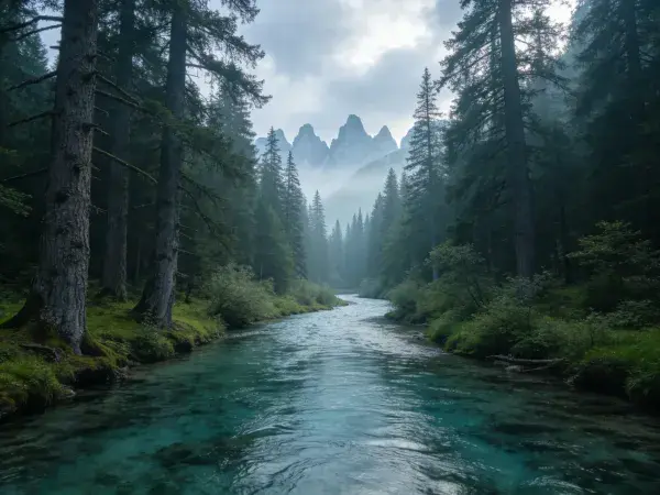 霏霏雾气中的山林溪谷景观