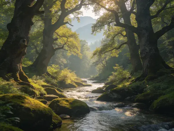 阳光穿透古老橡树林的溪流晨景