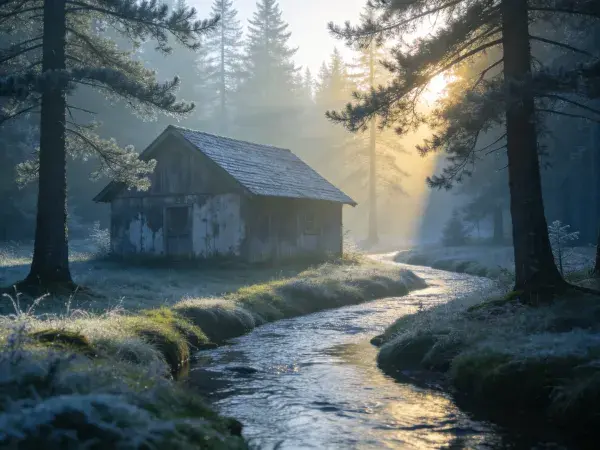 老旧木屋与晨光溪流森林场景