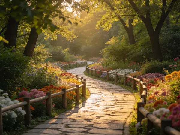 金色阳光笼罩的园林花境步道景观
