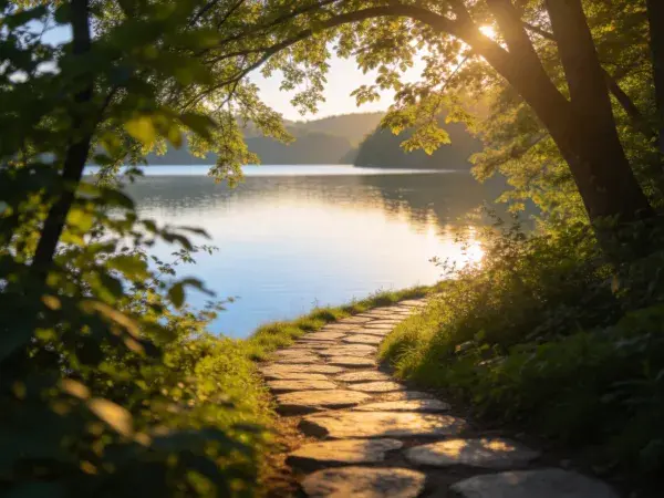 林荫步道映衬湖光晨景