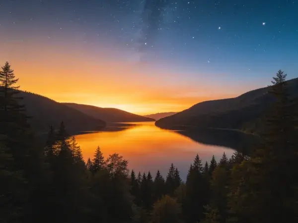 山林湖泊暮色倒影景观