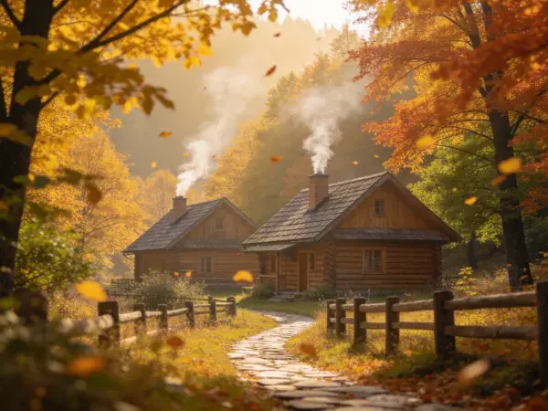 阳光下的乡村木屋场景