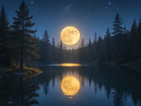 月光下的松树林湖泊夜景