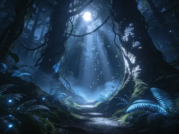 奇幻森林光影下的古老巨树景观