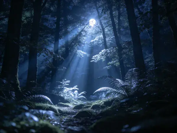 月光穿透密林的森林夜景