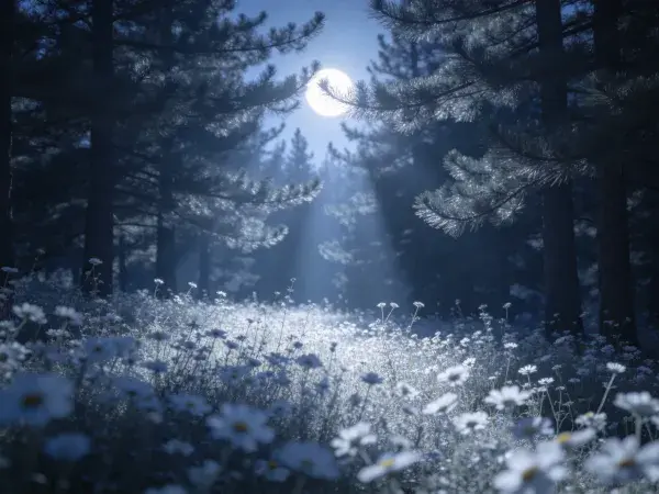 月光下松林野花地夜景