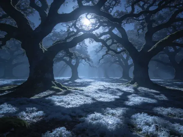 阴暗神秘古老橡树林晨景