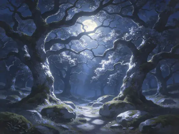 阴暗神秘月光下的大型橡树林场景