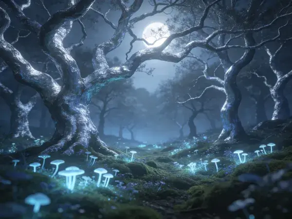 阴暗神秘月光下发光蘑菇与扭曲老树场景