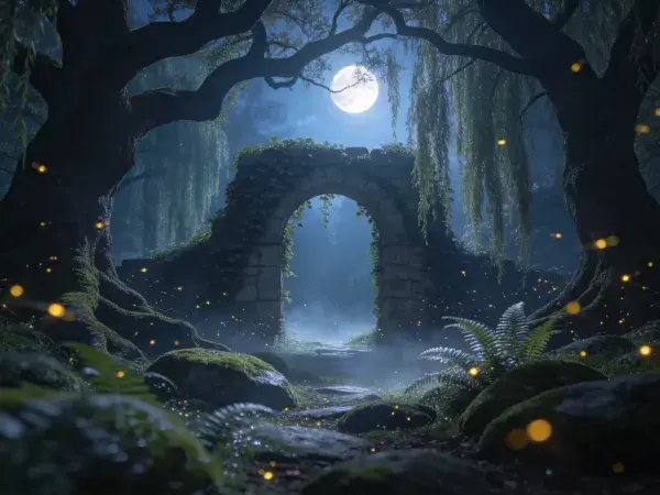 古老石拱门遗址月夜森林场景