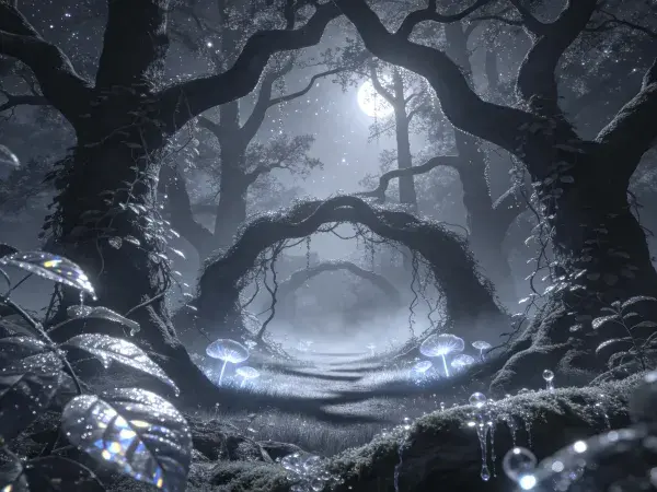 阴暗月光下的奇幻森林拱廊场景