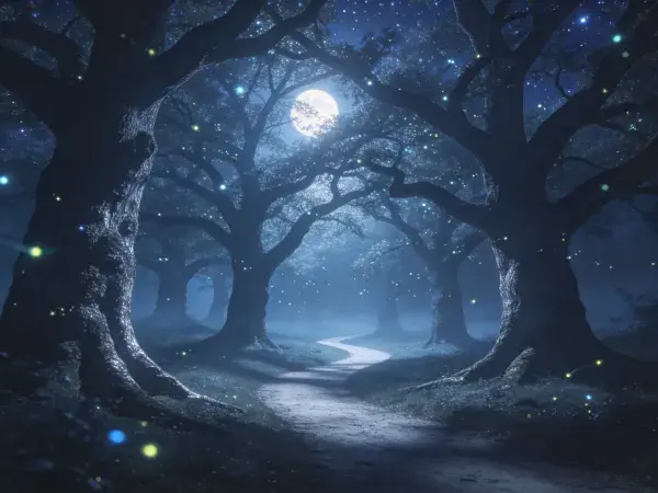 古老橡树林月夜林间场景
