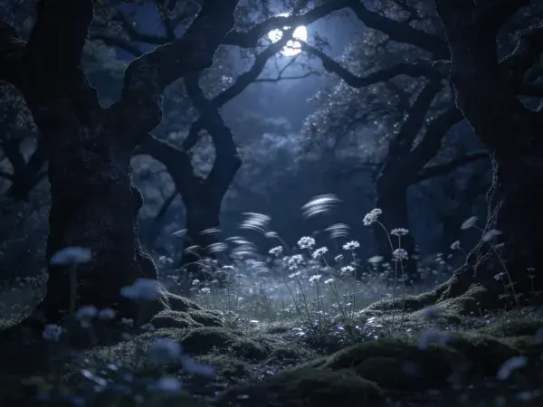 阴暗神秘月光下的古老森林秘境场景