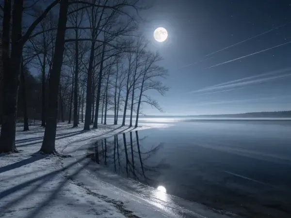 雪夜湖岸林景与月光倒影
