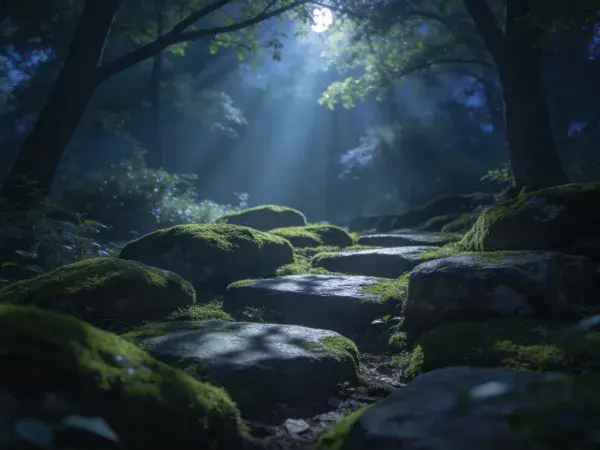 森林中苔藓覆盖的石板小径场景