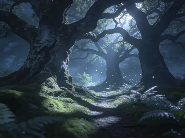 古橡树林间的小径场景