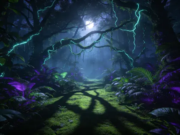 霓虹电光映照的奇幻雨林场景