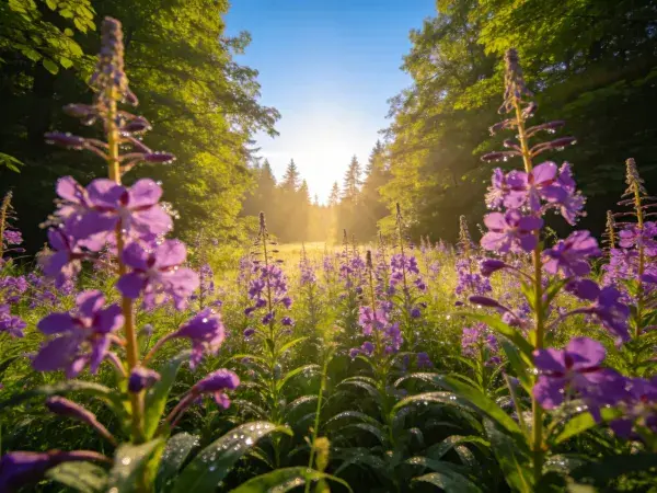 森林空地上的紫花景观