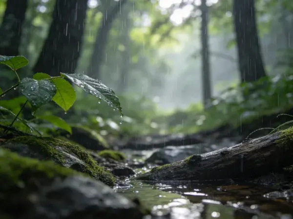雨中日照森林溪流景象