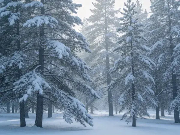 雪松覆盖的冬日森林场景