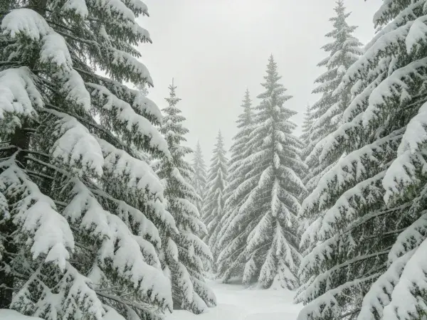 积雪覆盖的常绿针叶林场景