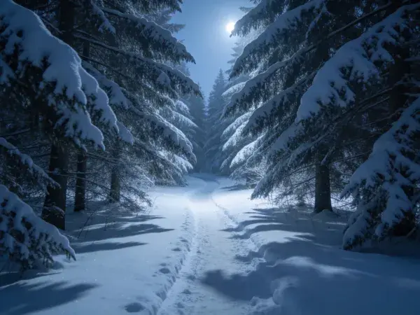 阴暗神秘月光下的雪松林雪地步道场景