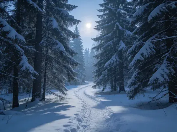 雪松林冬日雪地步道场景